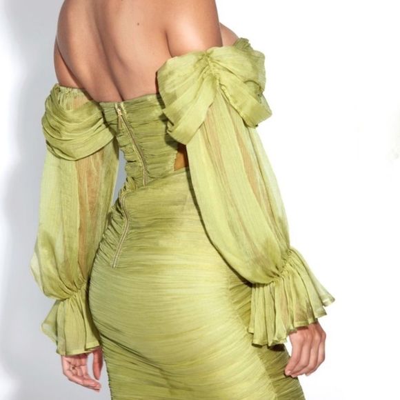 🔥Sirene Olive Silk Pleated Off Shoulder Dress - Picture 5 of 9